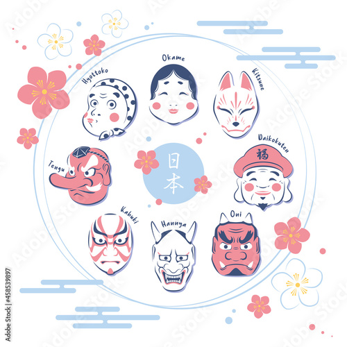 Set of isolated Japanese variety traditional masks. Colored flat graphic vector illustration of hannya, hyottoko, okame, tengu, kabuki, kitsune, oni and daikokuten.