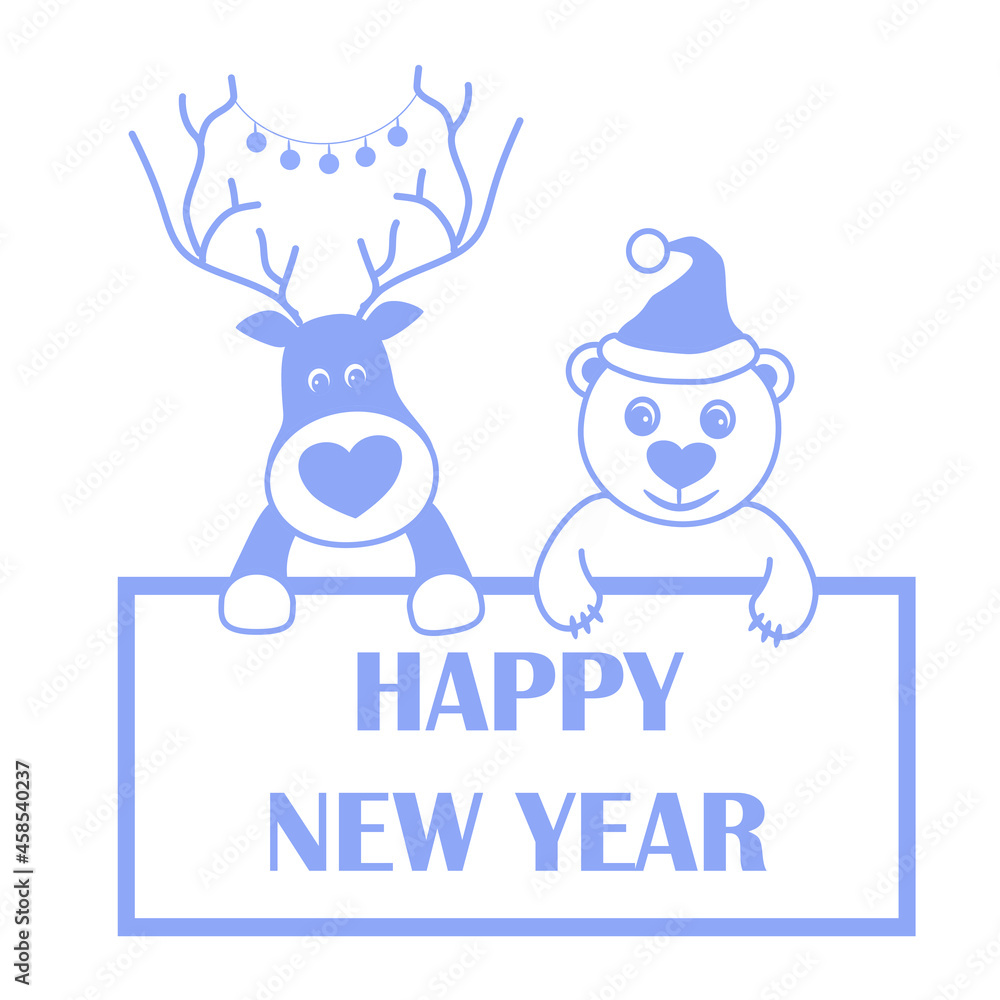 christmas card with deer and bear, Happy New Year , vector illustration 