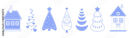 set of christmas trees and gingerbread house, vector illustration, page decoration