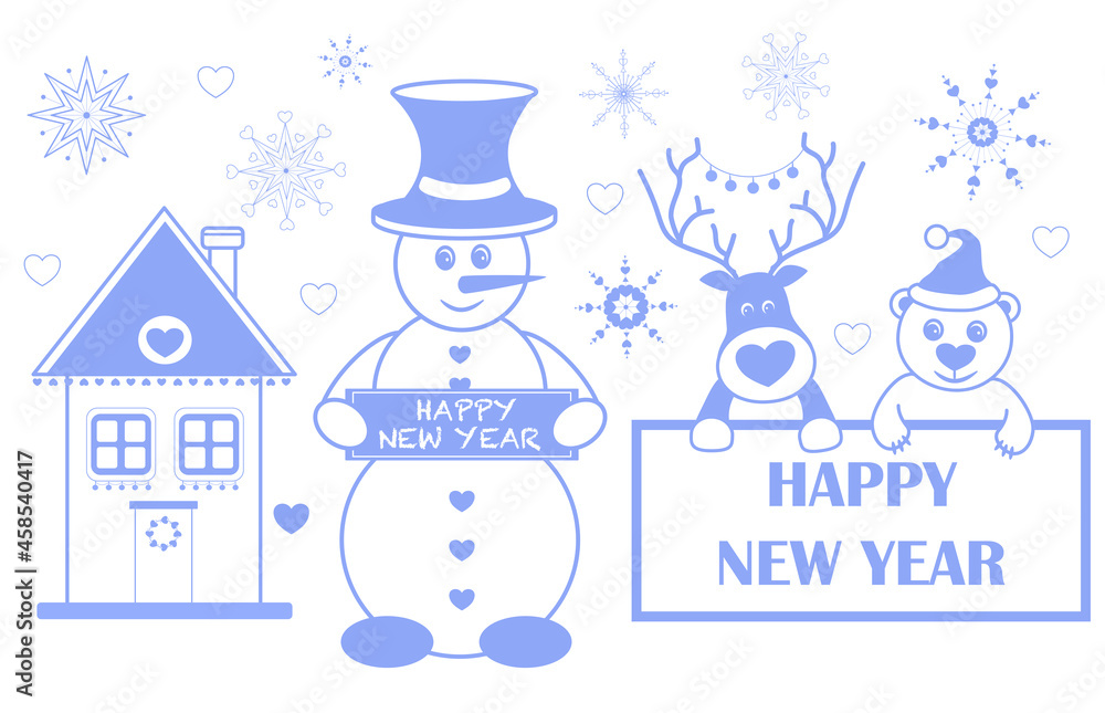 Set christmas,  card with deer and bear, christmas card with deer and bear, Happy New Year , vector illustration 