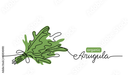 Arugula, rucola bunch simple vector drawing. One continuous line art border with lettering arugula