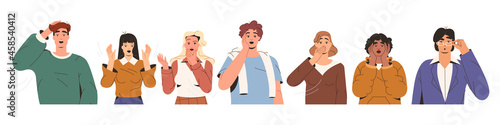 Flat portraits of shocked scared people faces. Excited and wondered characters. Young frightened people with open mouths, emotional gestures, reactions. Amazed men and women of different nationalities
