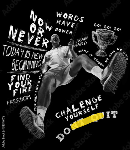 Bottom view of sportsman, male tennis player isolated on black background with white lettering, graphics and drawings. Concept of sport, win, succes © master1305