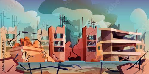 Destroyed city buildings after destruction or earthquake. Abandoned houses in war zone with smoke and cracked street. Ruins with broken road after cataclysm. Disaster landscape with cracks and damages