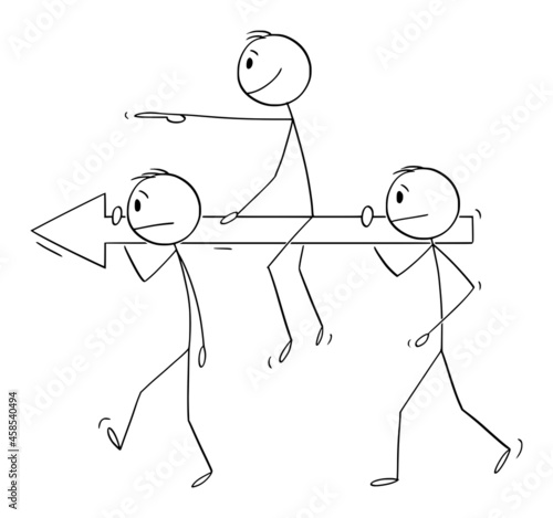 Leader Carried by Team on Way to Business Success, Vector Cartoon Stick Figure Illustration