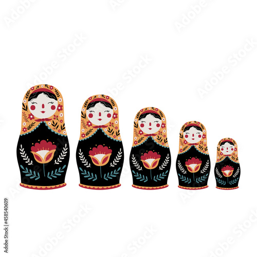 Matryoshka Russian Nesting Doll. Traditional Russian Culture. Folk toy. Babushka doll. Hand drawn vector illustration. 