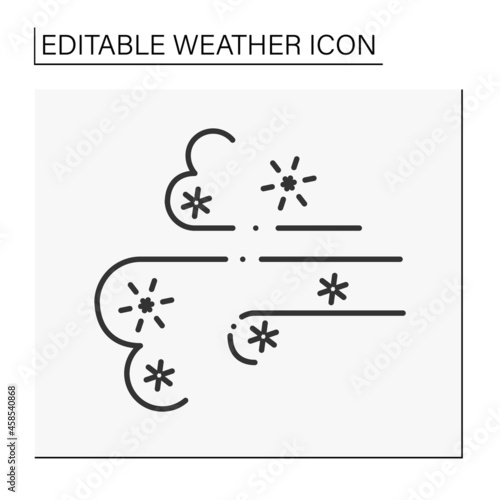 Cold wind line icon. Blizzard. Snowy wind. Wind swirling snowflakes. Winter weather forecast. Weather concept. Isolated vector illustration. Editable stroke