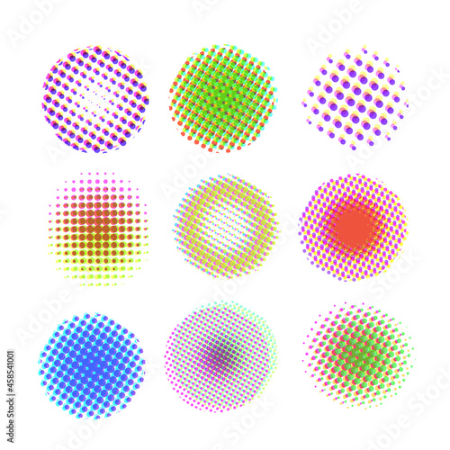 A collection of point halftone spheres. Circles of a point texture with the effect of vector failure, TV distortion, vhs failure. Isolated on a white background