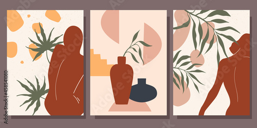 Set of abstract posters. Women, still life. Vector illustration.