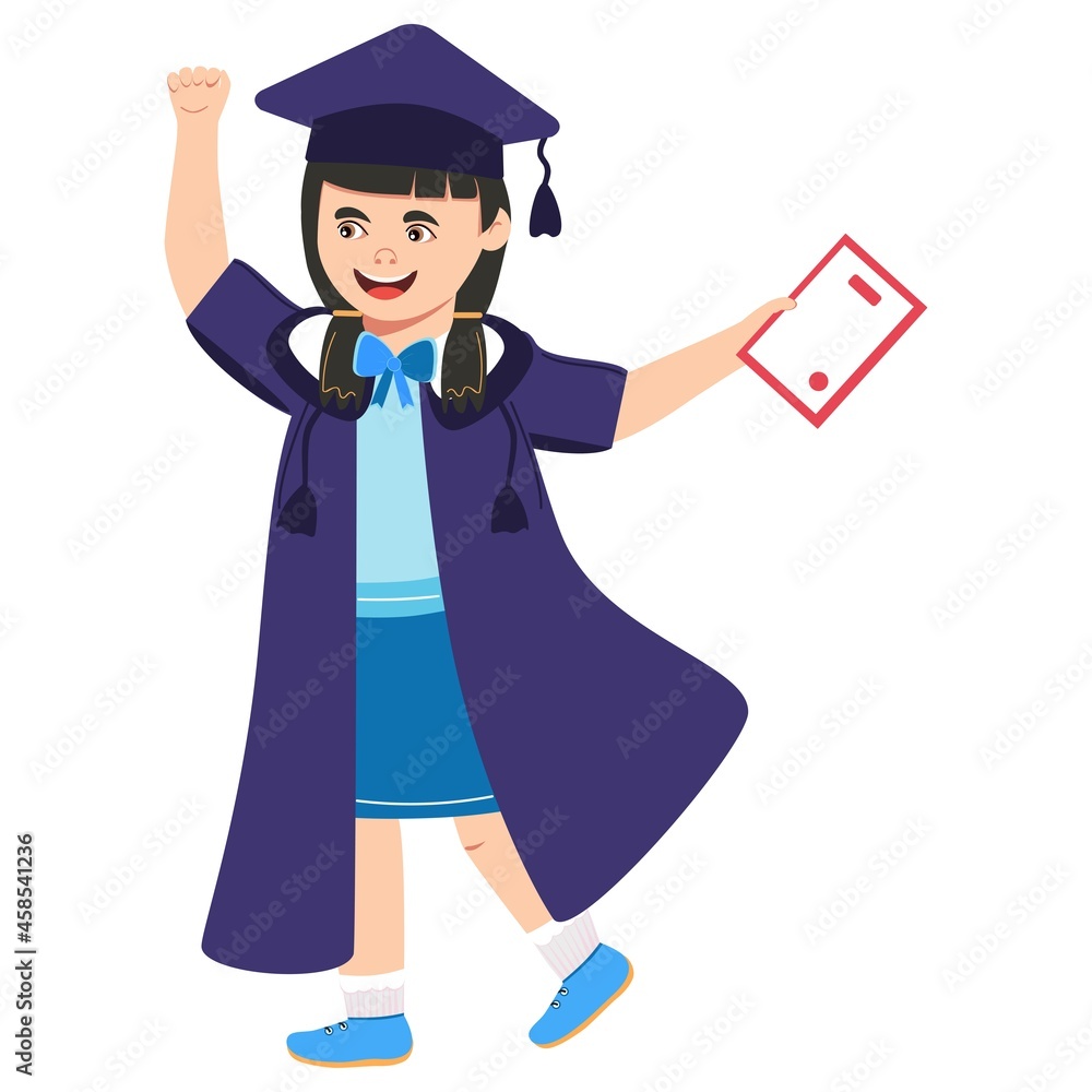 Happy graduate girl in graduation costume celebrating graduation with diploma in her hands. Fun, funny cartoon character for web design