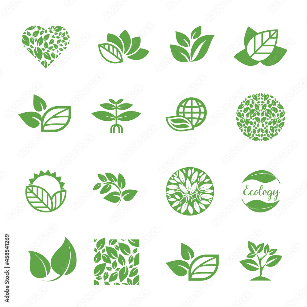 Obraz A collection of icons with leaves, an emblem of ecology, organic, natural products, a healthy lifestyle.