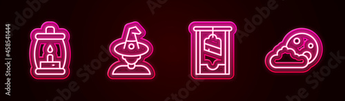 Set line Camping lantern, Witch, Guillotine and Moon and stars. Glowing neon icon. Vector