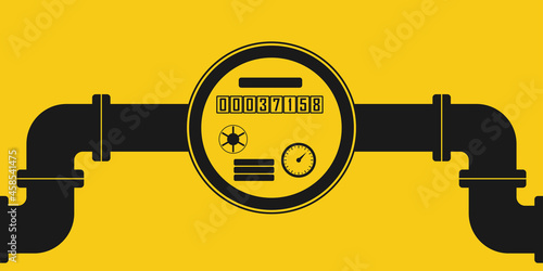 Water meter or counter with pipe or pipeline. Plumbing system with gauge. Industrial or technology background. Vector illustration.