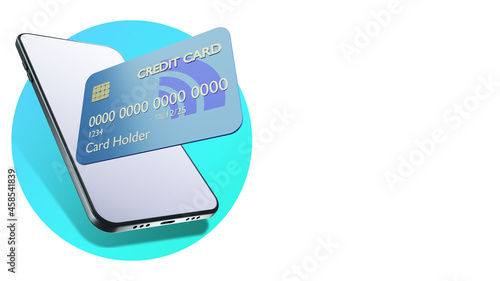 Online shopping. A smartphone with a credit card. Purchases on credit. A credit card as a symbol of a loan for purchases. A collage with a place for text. Online payments. Bank loan. 3d rendering