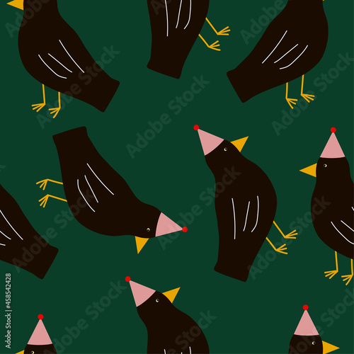 Cute seamless pattern with rooks in funny hats on dark green background . Funny print with rooks in childish style for textiles, wallpapers, designer paper, etc