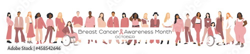 Breast cancer awareness month concept. Women of different ethnicities stand side by side together. Flat vector illustration.