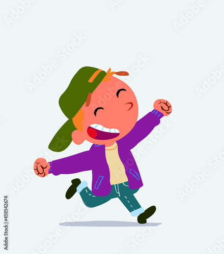 cartoon character of little boy on jeans running very euphoric.