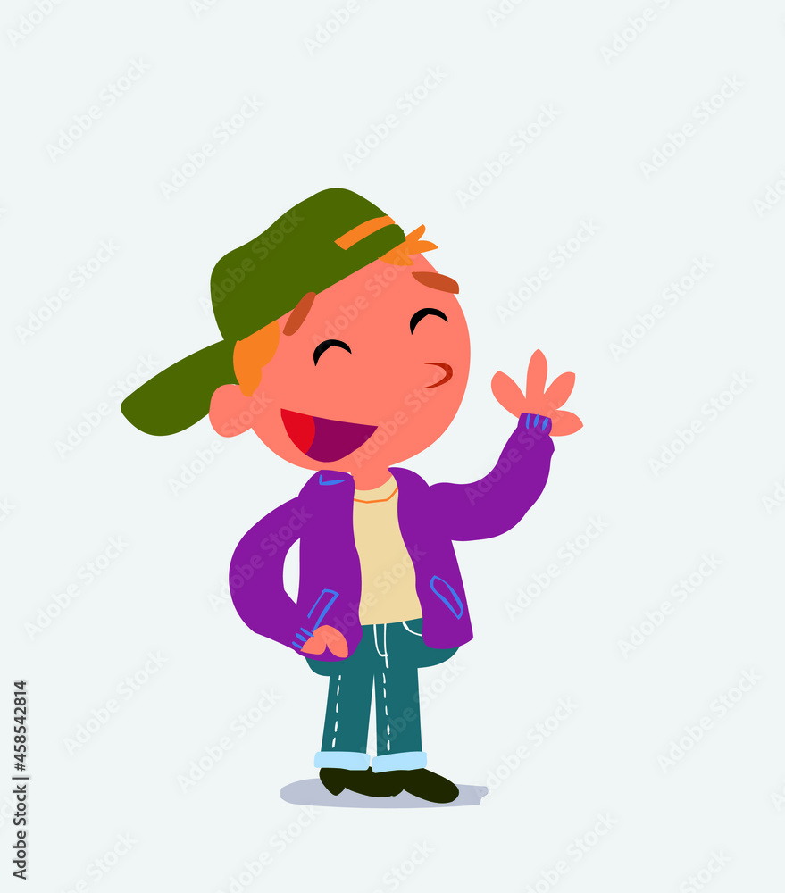 cartoon character of little boy on jeans waving informally while smiling. cartoon character of little boy on jeans waving informally while smiling.