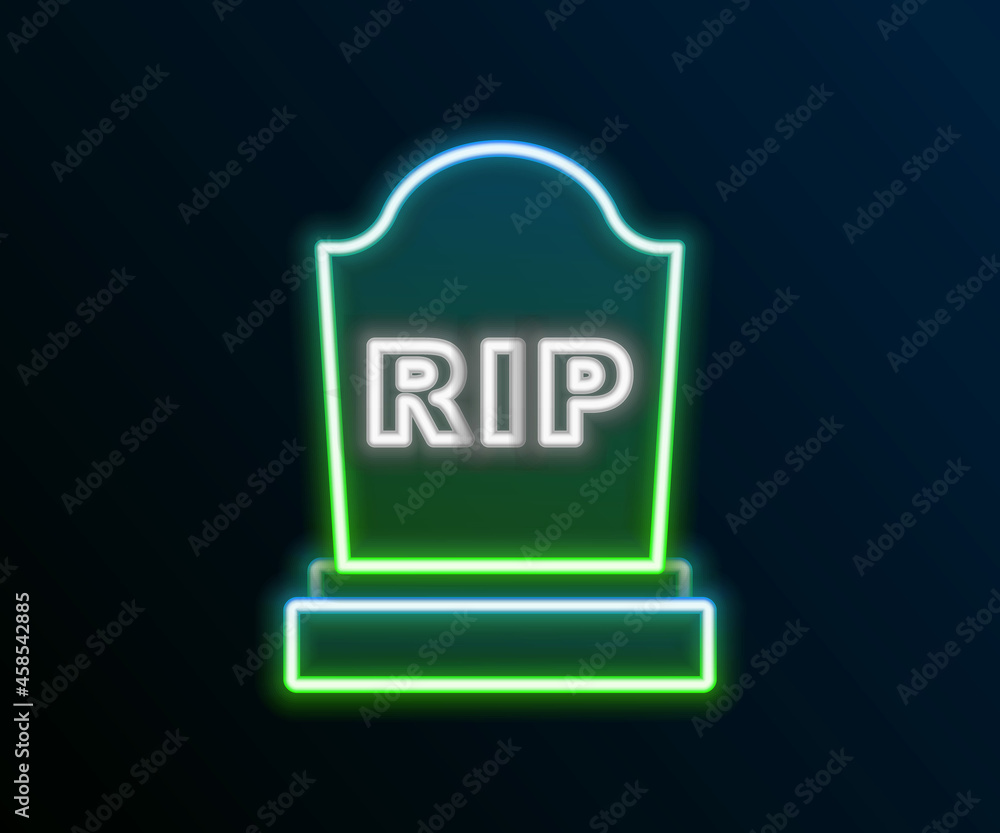 Glowing neon line Tombstone with RIP written on it icon isolated on black background. Grave icon. Colorful outline concept. Vector Glowing neon line Tombstone with RIP written on it icon isolated on black background. Grave icon. Colorful outline concept. Vector