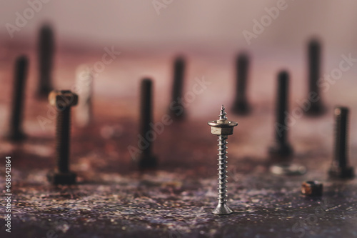 A group of screws and bolts photographed as if they were skyscrapers of a metropolis