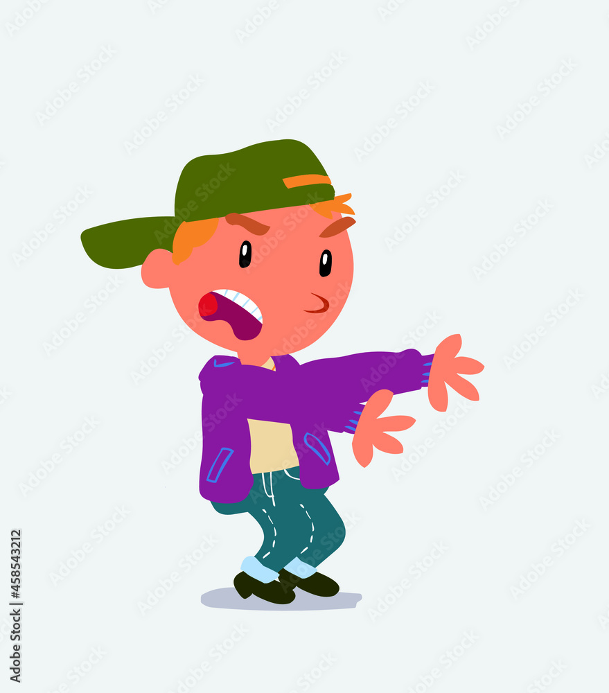 Very angry cartoon character of little boy on jeans pointing at something at side.