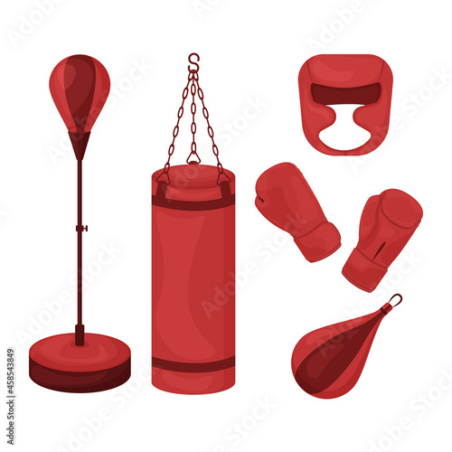 A boxing set consisting of a punching bag, gloves for martial arts and a protective helmet for boxing and kickboxing. Sports set. Equipment for martial arts.Vector illustration