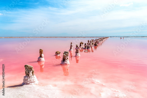 Fototapeta Naklejka Na Ścianę i Meble -  A calm peaceful landscape of a pink salt lake with wooden sticks covered with salt in the Crimea. Extraction of mineral texture organic salt in the lake