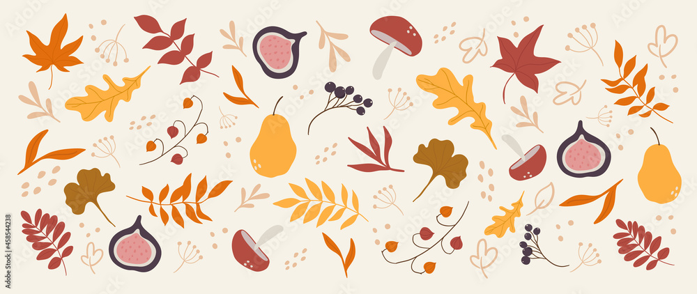 Cute autumn background vector. Autumn shopping event illustration wallpaper with hand drawn icons set. This design good for banner, sale poster, packaging background and greeting card. - obrazy, fototapety, plakaty 