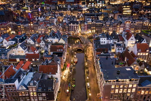 Amsterdam City Canals at Night Aerial View