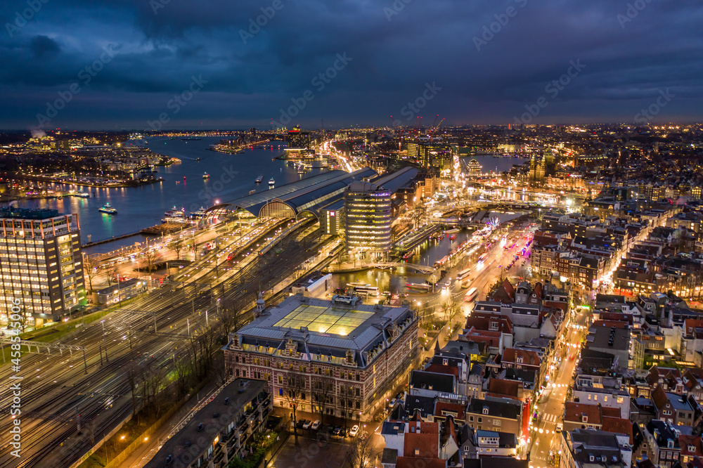 Amsterdam Centraal Train Station at Night Aerial View Amsterdam Centraal Train Station at Night Aerial View