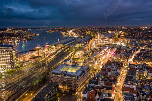 Canvas Print Amsterdam Centraal Train Station at Night Aerial View