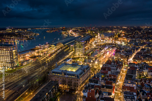 Amsterdam Centraal Railway Station at Night Aerial View