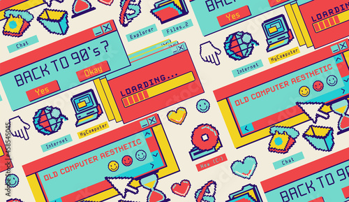 Retro moving desktop.Colorful user interface. Old computer aesthetic illustration, retrowave style wallpaper. Vibrant background.
