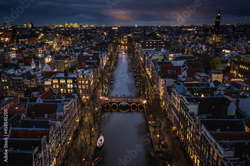 Night Aerial View of Amsterdam and its Canal System