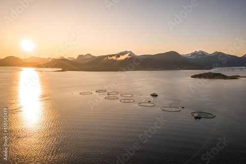 Aquaculture Fish Farm in Norway at Sunrise