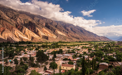 Panoramic sided view of the little town of Maimará, Jujuy Argentina at the afternoon. The main Church can be seen below. Quebrada de Humahuaca. Unesco world´s heritage