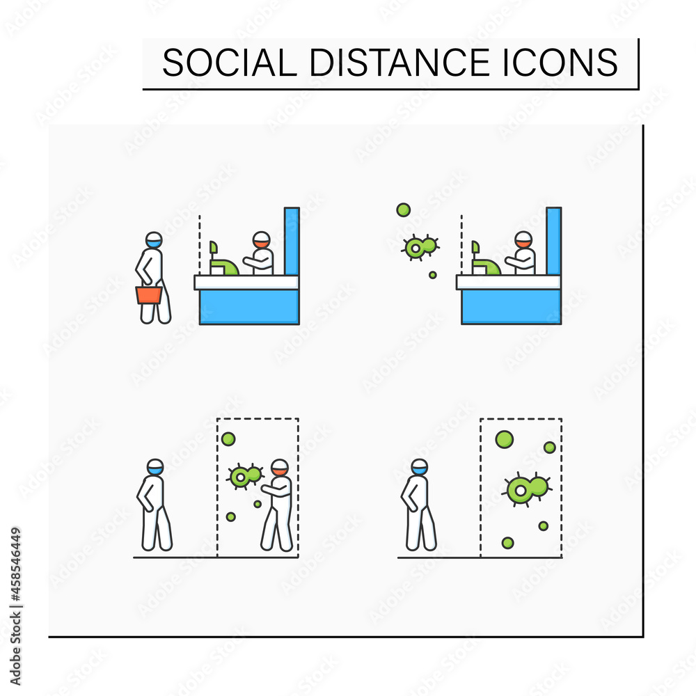 Social distance color icons set. Corona virus pandemic safety recommendations. Keep distance at shop, gym.Glass barrier. Isolated vector illustrations