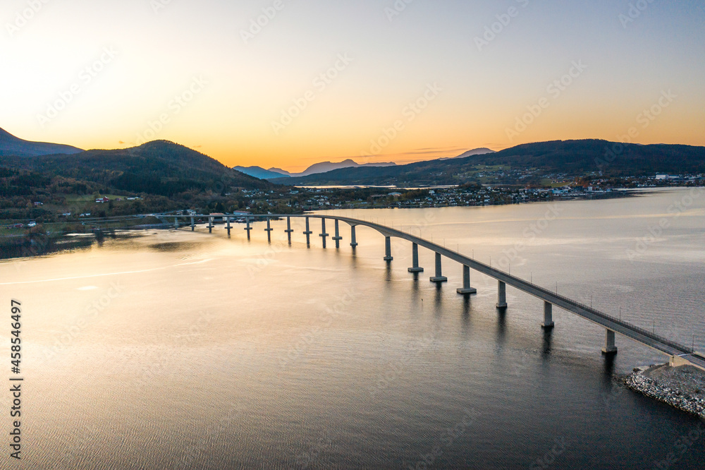 A Box Girder Bridge Crossing a Fjord in Norway at Sunset A Box Girder Bridge Crossing a Fjord in Norway at Sunset