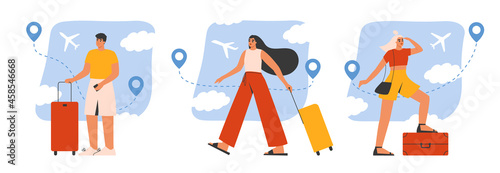 Tourists with luggage at the airport set. Collection of young and happy traveling people carrying suitcases, bags. Summer vacation, holiday, journey concept. Isolated flat vector illustration