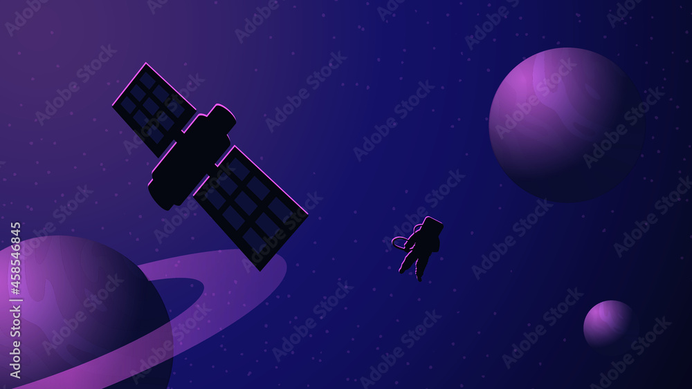 Outer space: planets, astronaut and spaceship sillhouettes. Technological cosmic mood. Puprple and dark colors. Outer space: planets, astronaut and spaceship sillhouettes. Technological cosmic mood. Puprple and dark colors.