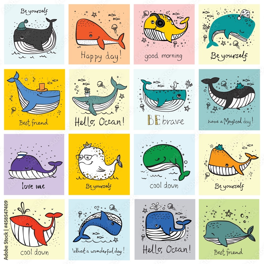 Vector illustration set of cards with cartoon little Valentine whale in love and hand drawn greeting text