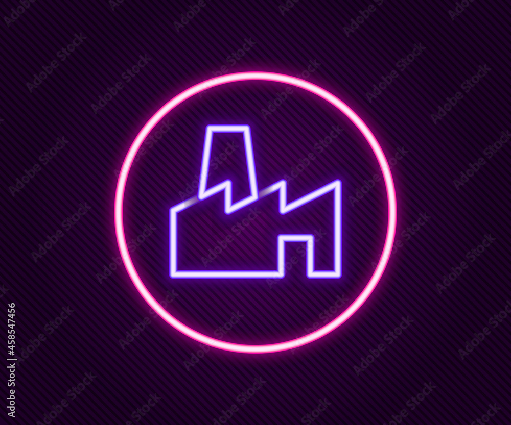 Glowing neon line Factory production icon isolated on black background. Industrial building. Colorful outline concept. Vector Glowing neon line Factory production icon isolated on black background. Industrial building. Colorful outline concept. Vector