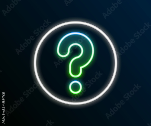 Glowing neon line Unknown search icon isolated on black background. Magnifying glass and question mark. Colorful outline concept. Vector