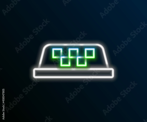 Glowing neon line Taxi car roof icon isolated on black background. Colorful outline concept. Vector