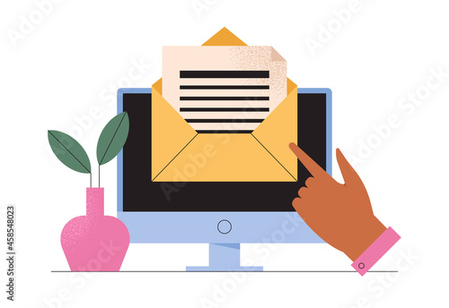 Email marketing concept. Reading, sending or receiving mail, letters via the internet. Open envelope on the computer screen. Online communication, correspondence. Isolated flat vector illustration