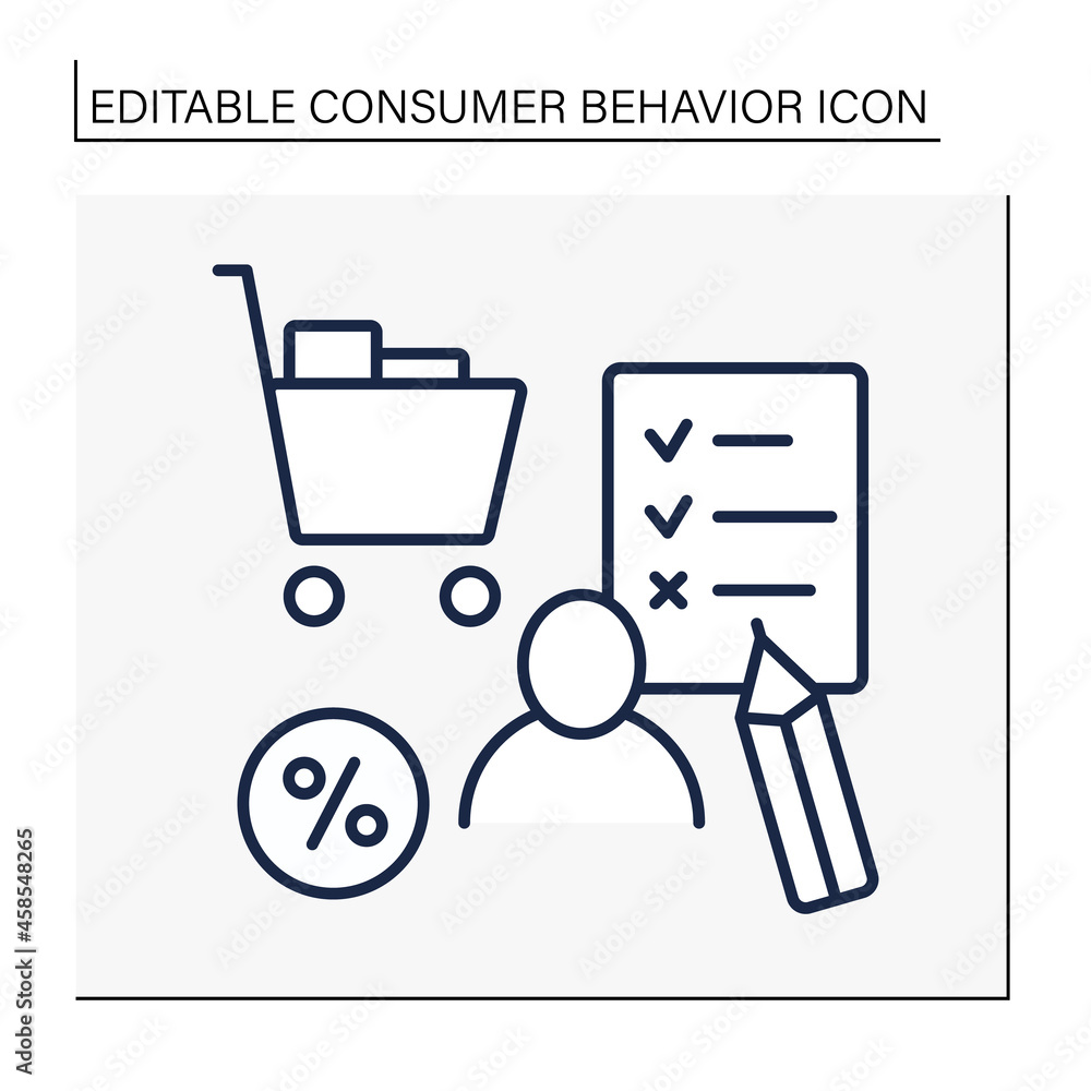 Shopping list line icon. Customer checking purchases on paper sheet. Discount. Shopping cart. Customer behavior concept. Isolated vector illustration. Editable stroke Shopping list line icon. Customer checking purchases on paper sheet. Discount. Shopping cart. Customer behavior concept. Isolated vector illustration. Editable stroke