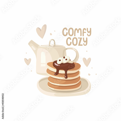 A kettle with a hot drink, pancakes with chocolate topping and banana. Handwritten lettering "comfy cozy". Delicious breakfast recipes. Brunch, coffee break. Vector illustration, sticker design, print