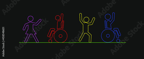 Inclusion and diversity concept. Healthy people and disabled people have fun together. Outline vector illustration