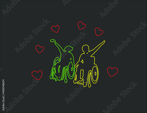 Disabled couple in love. A woman and a man in a wheelchair are holding hands. Vector outline illustration.