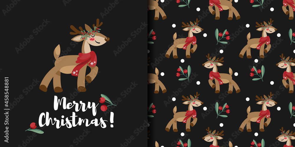 Christmas holiday season banner with Merry Christmas text and seamless pattern of cute reindeer wear scarf and berry crown on black color background with red berries branches.